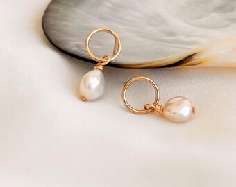 Open Circle Studs with Keshi Pearl Drop, Gold Filled Earrings, Baroque Pearl Hoop Earrings, Bridesmaid Gift