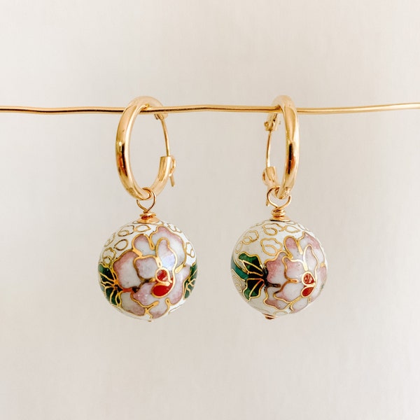 Cloisonné Enamel Hoop Earrings, 14k Gold Filled, Colorful Earrings Dangle, Hoops with Charms, White Floral, Girlfriend Gift, Unique Gifts