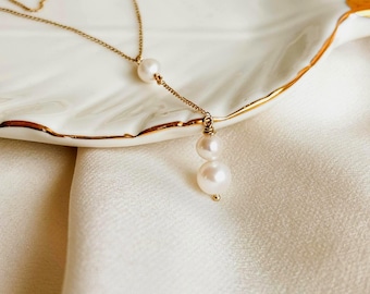 14K Gold Filled Freshwater Pearl Lariat Necklace, Dainty Bridal Y-Style Jewelry, Freshwater Pearl Drop Necklace