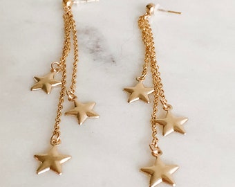 Gold Star Dangle Earrings - gold filled chain with Stars - Star Earrings - Long Chain Earrings - Statement Earrings - Dainty Drop Earring