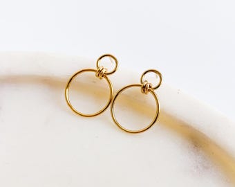 Gold Front Circle Hoop Earrings, Gold Filled Earrings, Simple Dangle Earrings, Front Facing Open Circle Hoops Stud Earrings