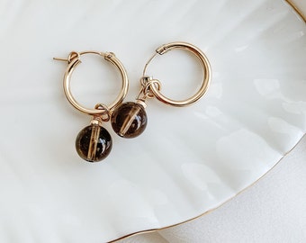 Gemstone Hoop Earrings, Smoky Quartz Earrings Gold, Minimalist Earring, Everyday Earrings, Bridesmaid Earring, Wife Gift from Husband