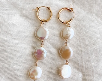 Pearl Hoop Earrings, Pearl Drop Earrings, Gold Hoop Earrings, Long Earrings, Bridal Jewelry, Bridesmaid Gift, Pearl Earrings, Statement