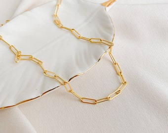 Collier de superposition d’or, collier de chaîne épaisse, chaîne remplie d’or, chaîne rectangulaire, collier de trombone, cadeau pour femme