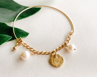 Gold Bangle Bracelet - Charm Bracelet - Gold Filled Bangle - Bangle Bracelet with Charms - Pearl Charm Bracelet - Charm Bracelet for women