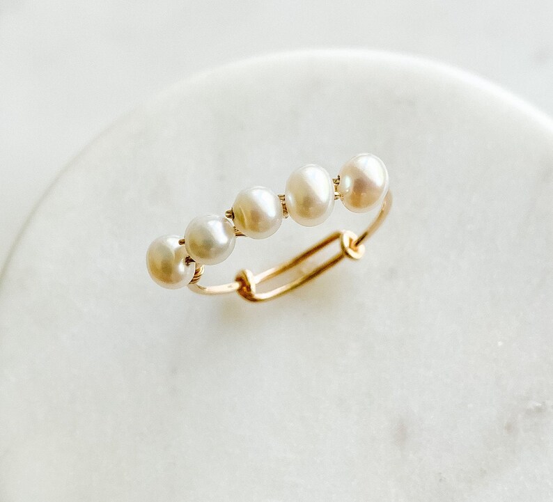 Pearl Ring Gold, Adjustable Ring for Girls, Dainty Ring, Gold Filled Ring, Stacking Ring, Simple Gold Ring for Women, Bridal Party Jewelry image 2