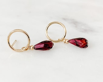 Garnet Dangle Earrings, Gold Filled Earrings, Girlfriend Gift, January Birthstone Earrings, Gold Circle Earrings, Gold Hoop Earrings