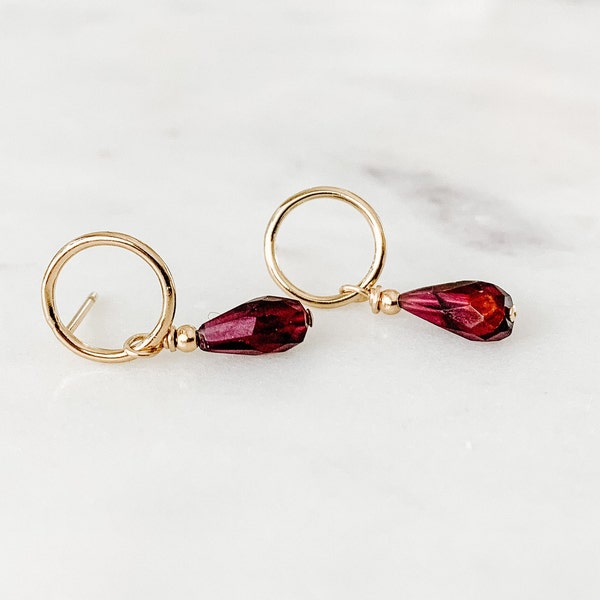 Garnet Dangle Earrings, Gold Filled Earrings, Girlfriend Gift, January Birthstone Earrings, Gold Circle Earrings, Gold Hoop Earrings