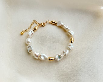 Keshi Pearl Bracelet, Freshwater Pearl Beaded Bracelet, Baroque Pearl, 14K Gold Filled Pearl Bridal Bracelet