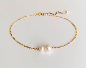 Double Pearl Anklet, Pearl Ankle Bracelet, Gold Filled Chain Anklet, Beaded Anklet, Beach Jewelry, Gold Ankle Bracelet, Pearl Chain Anklet