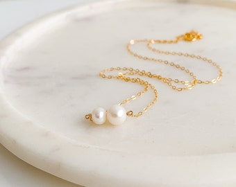 Double Pearl Pendant Necklace 14k Gold Filled, Dainty Pearl Necklace, Pearl Chain Necklace Gold, Mother Daughter Necklace