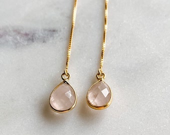 Gold Threader Earrings / Pink Quartz Earrings / October Birthstone / Dangle Earring / Dainty Earrings / Bridesmaid Gift / Gemstone Earrings