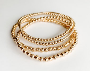 14k Gold Filled Beaded Bracelet, Ball Stacking Bracelet Set