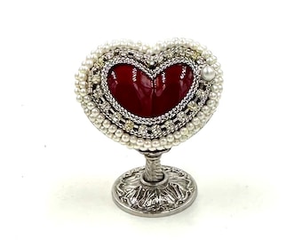 Vintage Kingspoint Quail Egg Trinket Box: Heart Keepsake with Rhinestones