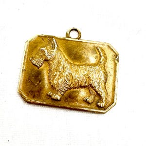 Puede incluir: Colgante rectangular dorado con un relieve detallado de un perro, probablemente un Scottish Terrier. El colgante tiene un pequeño lazo en la parte superior para sujetarlo.