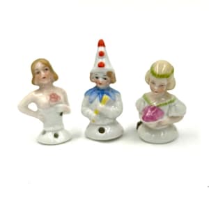 Vintage PINCUSHION HALF DOLL Three Mini Girls Germany Porcelain Mold Victorian Art Deco Risqué Clown