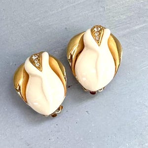 Vintage KJL Kenneth Lane for Avon  Earrings Gold Tone White Rose Bud Rhinestone