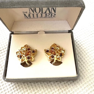 Vintage NOLAN MILLER EARRINGS Gold Tone Maple Leaf Rhinestone Clip On New Old Stock