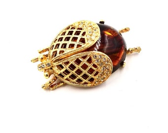 WEISS BUG PIN Brooch Gold Tone Faux Shell Rhinestone Jelly Belly Beetle Fly Bug Vintage