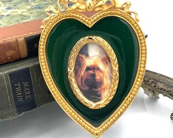 Vintage JOAN RIVERS FRAME Small Gilt Green Enamel Heart Frame Yorkshire Terrier Dog Photo