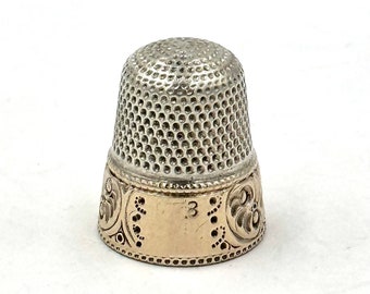 ANTIQUE SEWING THIMBLE Sterling Silver & Gold Chased Scroll Border Hallmarked Stern Bros Goldsmith Stern Company Sz 8