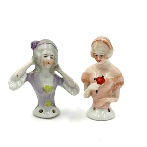 Vintage PINCUSHION HALF DOLL Two Mini Sewing Dresser Girls Germany Porcelain Mold Victorian Style