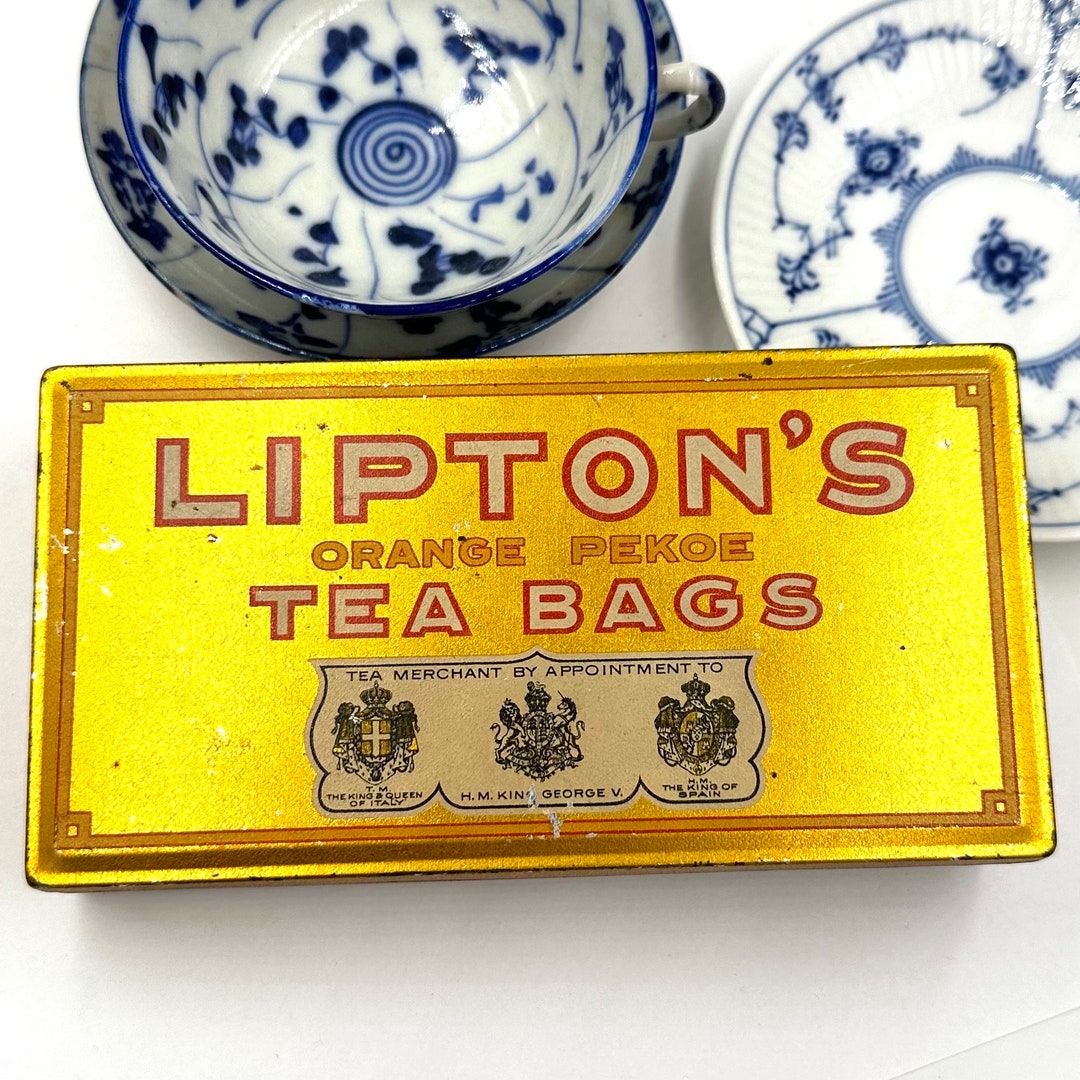 Antique LIPTON'S TEA BAGS Tin Lithograph Orange Pekoe Tea Container Box