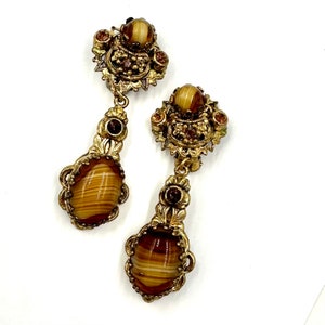 Vintage WESTERN GERMANY EARRINGS Gilt Brass Filigree Faux Tigers Eye Dangle Drop Earrings Clip On