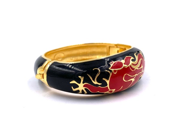 Joan Rivers Gold Black Enamel Bangle Watch Bracelet Vintage Statement WORKS Vintage Joan rivers enamel and faux pearl bangle main image 3