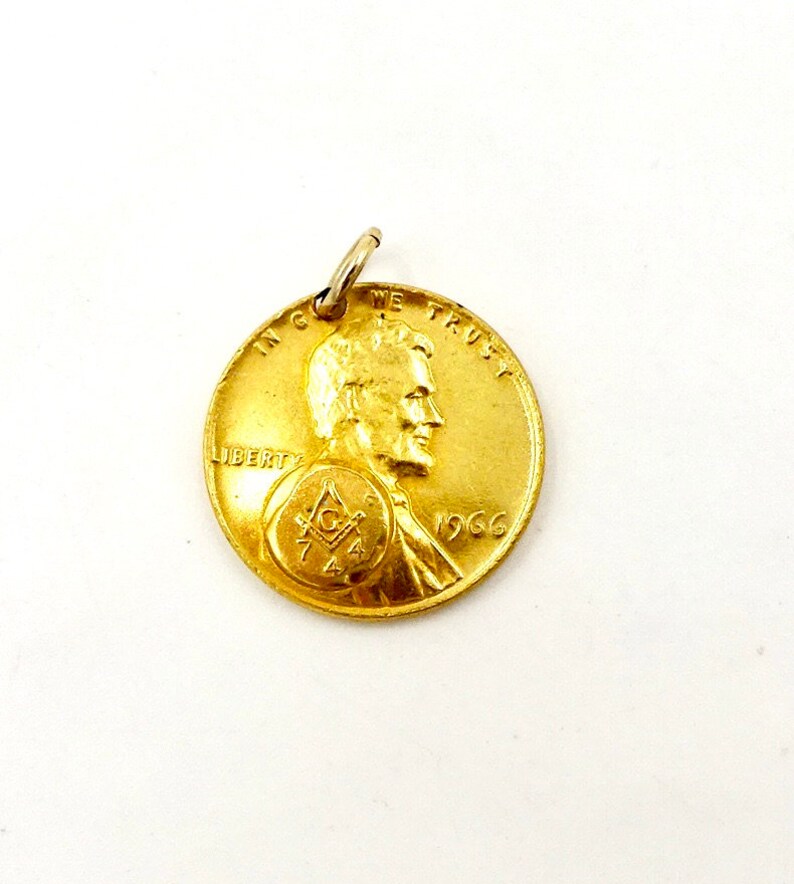Vintage 1966 Masonic Lodge 744 Gold Plated Penny Token image 2