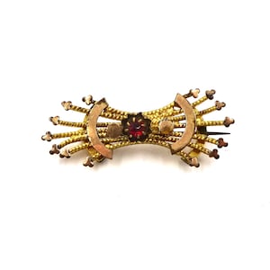 Antique VICTORIAN BAR PIN Gold Plated Etruscan Style Red Rhinestone Brooch C218