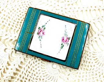 Vintage Sheilds Brass Floral Gullioche Enamel Powder Compact - Made in USA