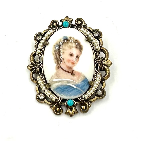 vintage LIMOGES FRANCE BROCHE imitation perle ton or, turquoise, strass porcelaine camée portrait style victorien antique