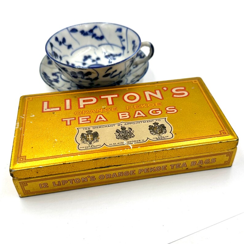 Antique LIPTON'S TEA BAGS Tin Lithograph Orange Pekoe Tea Container Box
