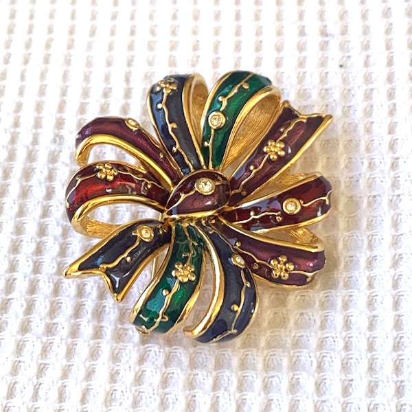 Vintage JOAN RIVERS PIN Gold Tone Royal Colors Enamel 3D Ribbon Tied Bow Brooch Classic Collection