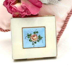 VINTAGE POWDER COMPACT Brass and Floral Enamel Blush Powder Compact Mirror Antique