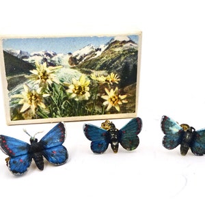 BUTTERFLY PIN EARRINGS Set Interlaken Switzerland Souvenir Clip on Earrings Vintage Original Box