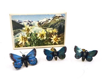 BUTTERFLY PIN EARRINGS Set Interlaken Switzerland Souvenir Clip on Earrings Vintage Original Box