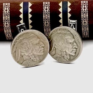 Vintage INDIAN HEAD NICKEL Cufflinks Silver Tone Swivel Back Cuff Links Unisex 1930 f Buffalo Nickel