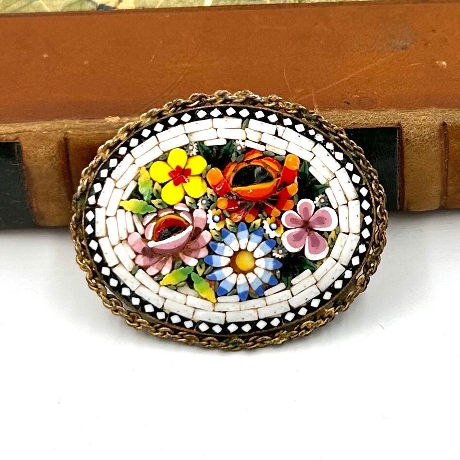 Broche Et Boucles D'oreilles Vintage Micro Mosaic Fleuri - Set Multicolore - Bijou Ancien