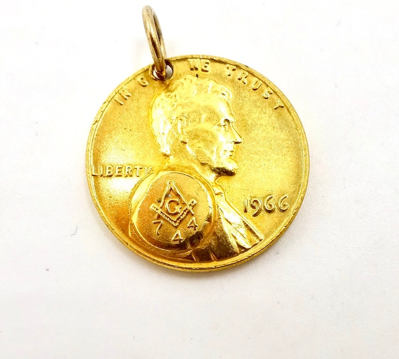 Vintage 1966 Masonic Lodge 744 Gold Plated Penny Token image 1