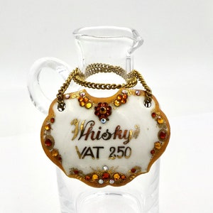 ANTIQUE WHISKY LABEL Hand Made Austria Enamel & Crystal Whiskey Decanter Bottle Tag Vat 250
