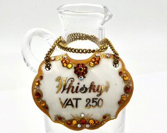 ANTIQUE WHISKY LABEL Hand Made Austria Enamel & Crystal Whiskey Decanter Bottle Tag Vat 250