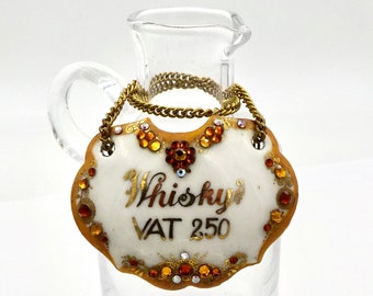 ANTIQUE WHISKY LABEL Hand Made Austria Enamel & Crystal Whiskey Decanter Bottle Tag Vat 250