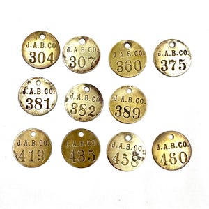 Vintage Brass J.A.B. Co. Tag Fob Charm Key Tag Number De-Stash Re Use Up Cycle Craft Pendant CHOOSE One or More
