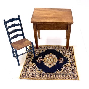 Vintage MINIATURE DOLLHOUSE CARPET Rug Oriental Style Blue Gold Cream 1:12 Scale 4&quot; x 3 3/4&quot;