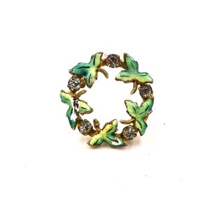 Antique VICTORIAN CIRCLE PIN Paste Rhinestone Gold Enamel Ivy Leaf C213