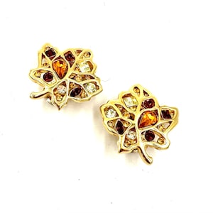 Vintage NOLAN MILLER EARRINGS Gold Tone Maple Leaf Rhinestone Clip On Style