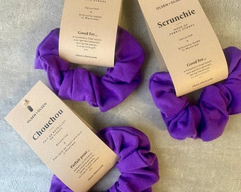 Purple scrunchies made with organic cotton scraps in Canada