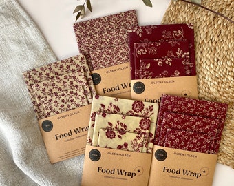 Pack of 3 beeswax food wrap handmade in Canada with organic ingredients, zero-waste gift, choice of pattern